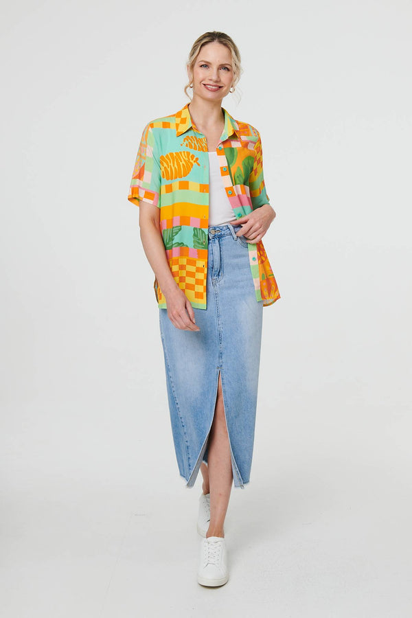 Orange | Patchwork Print Short Sleeve Boxy Shirt