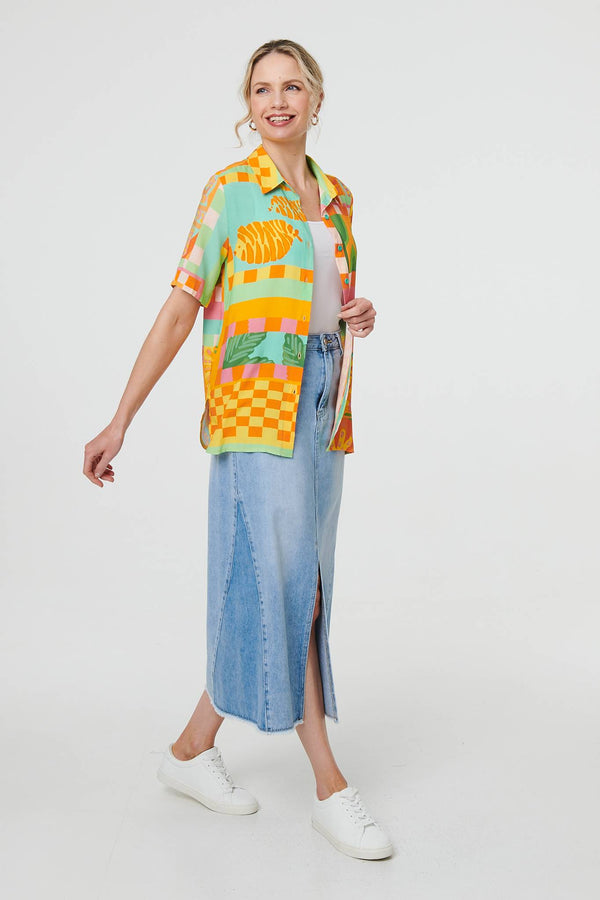 Orange | Patchwork Print Short Sleeve Boxy Shirt