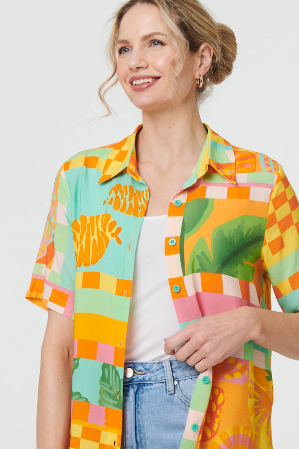 Orange | Patchwork Print Short Sleeve Boxy Shirt