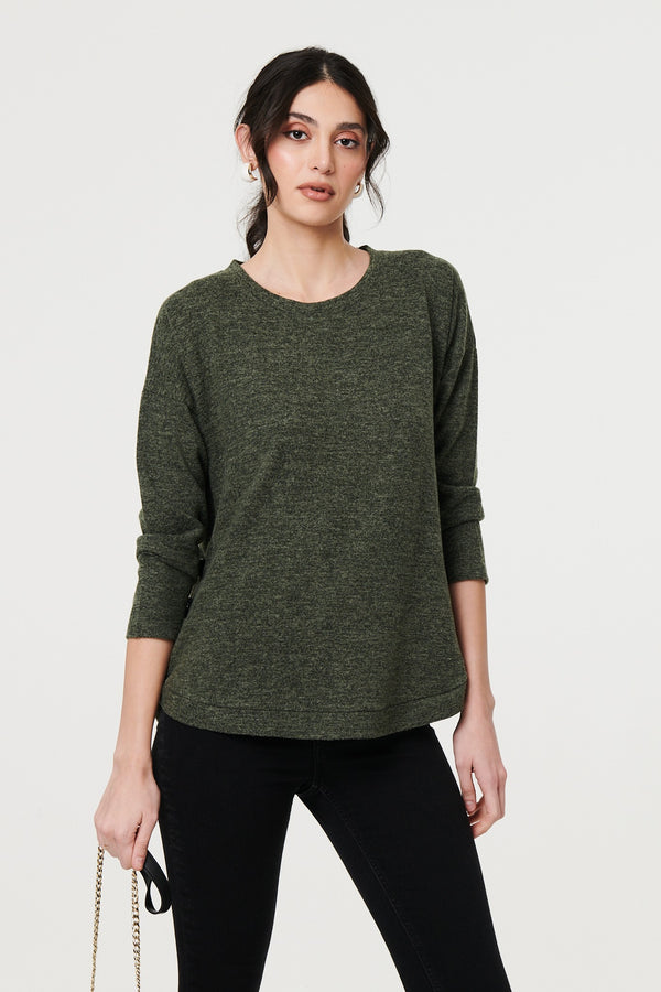 Khaki | Relaxed 3/4 Sleeve Button Detail Top : Model is 5'11"/180 cm and wears UK8/EU36/US4/AUS8