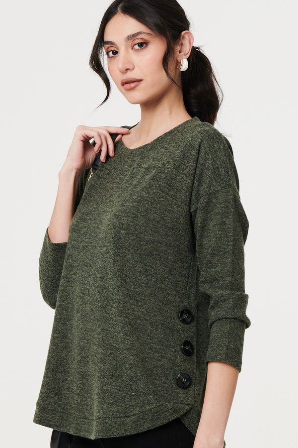 Khaki | Relaxed 3/4 Sleeve Button Detail Top