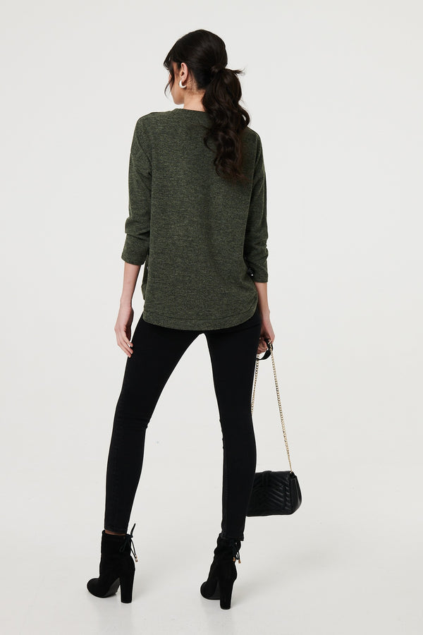 Khaki | Relaxed 3/4 Sleeve Button Detail Top