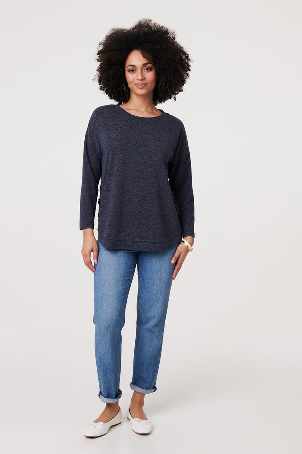 Navy | Relaxed 3/4 Sleeve Button Detail Top