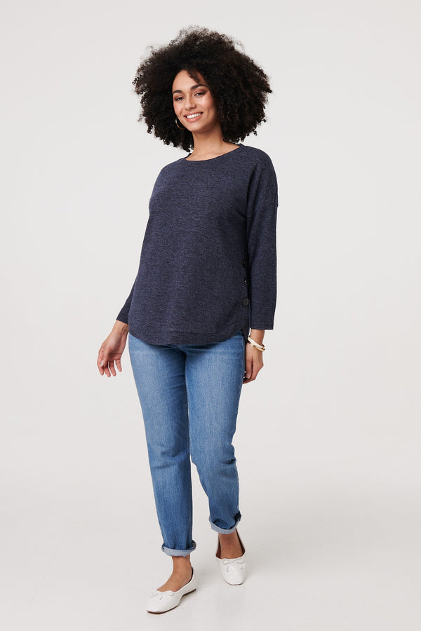 Navy | Relaxed 3/4 Sleeve Button Detail Top