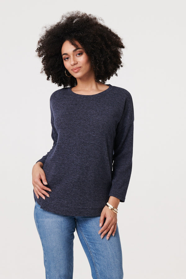 Navy | Relaxed 3/4 Sleeve Button Detail Top : Model is 5'9"/175 cm and wears UK8/EU36/US4/AUS8