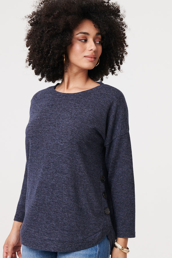 Navy | Relaxed 3/4 Sleeve Button Detail Top