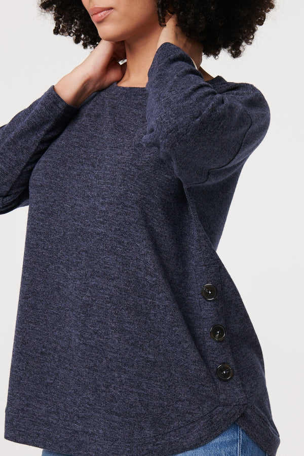 Navy | Relaxed 3/4 Sleeve Button Detail Top