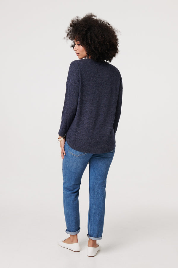 Navy | Relaxed 3/4 Sleeve Button Detail Top