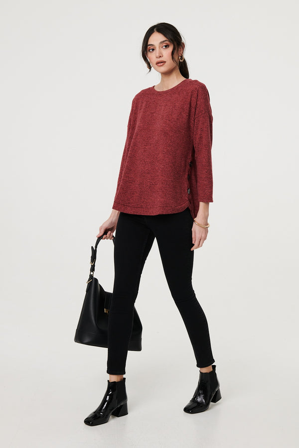 Red | Relaxed 3/4 Sleeve Button Detail Top