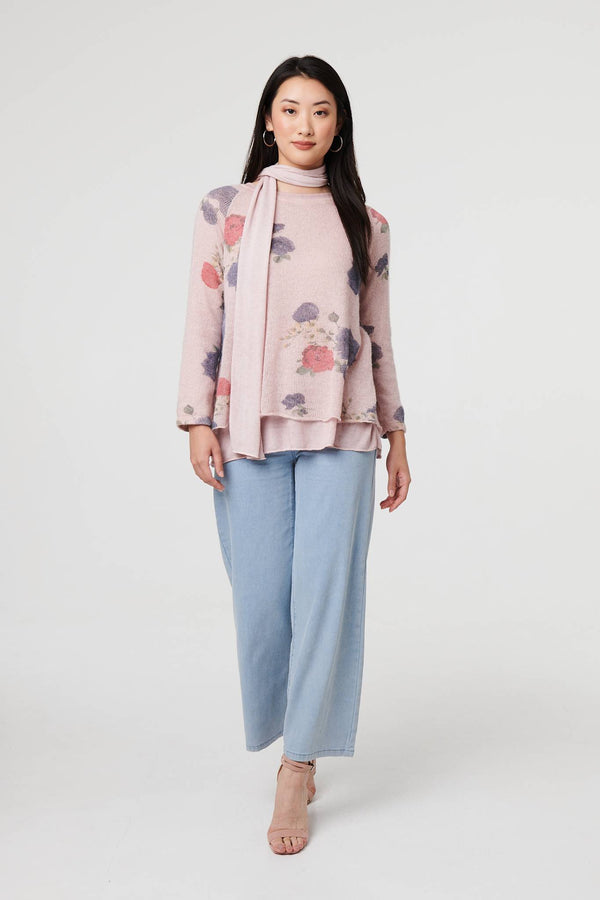 Pink | Floral Layered Tunic Top with Scarf