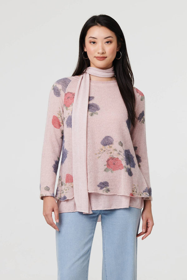 Pink | Floral Layered Tunic Top with Scarf