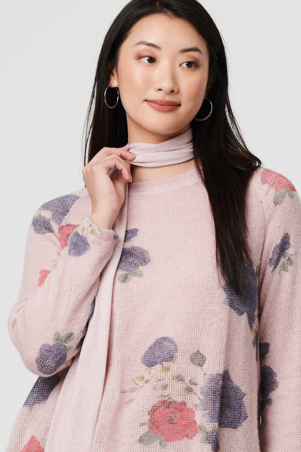 Pink | Floral Layered Tunic Top with Scarf