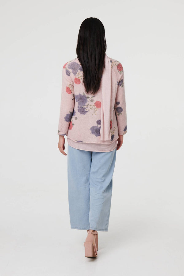 Pink | Floral Layered Tunic Top with Scarf
