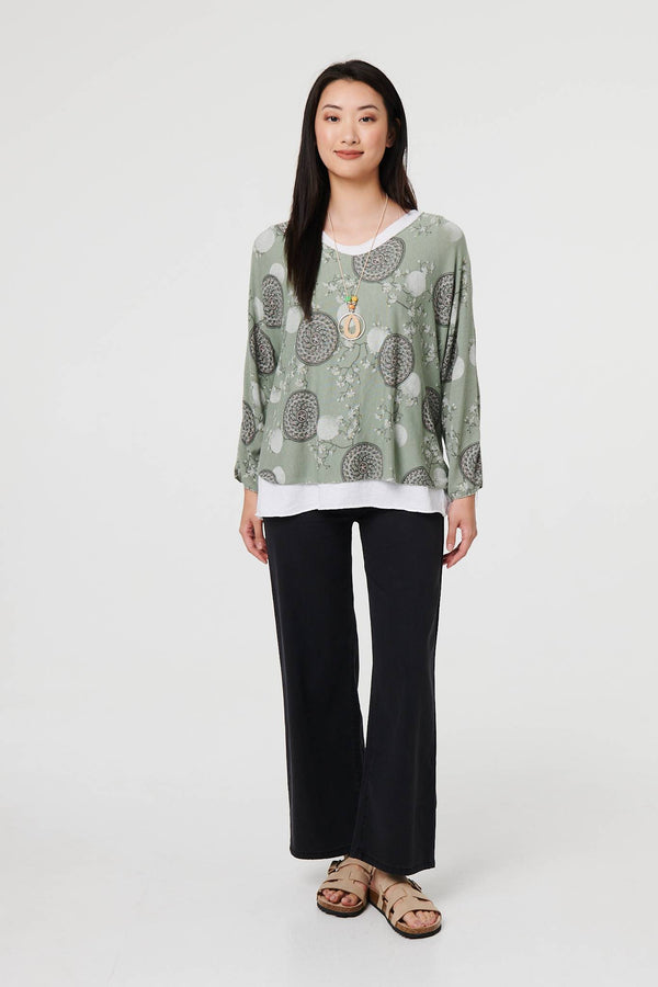 Khaki | Printed Long Sleeve Layered Top