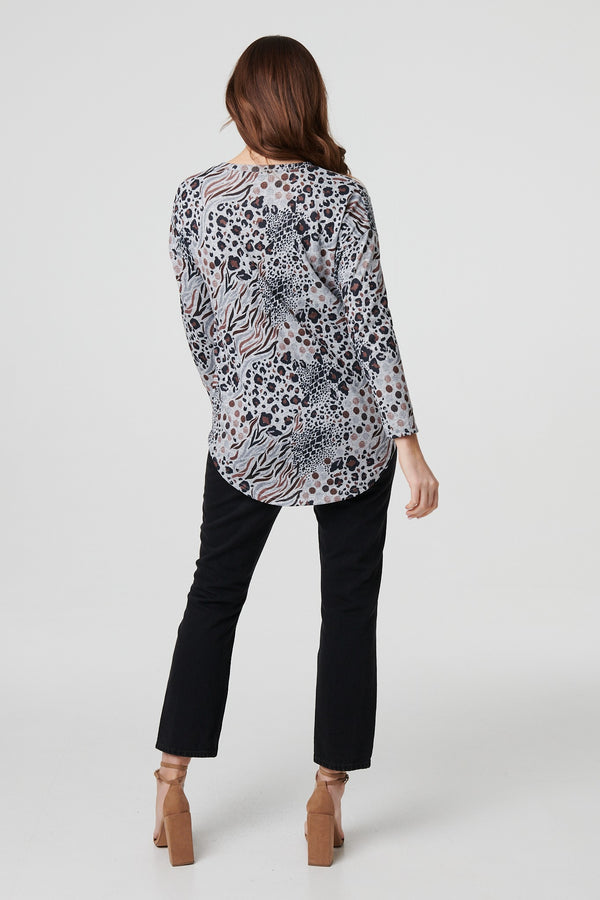 Beige | Animal Print Curve Hem Relaxed Top
