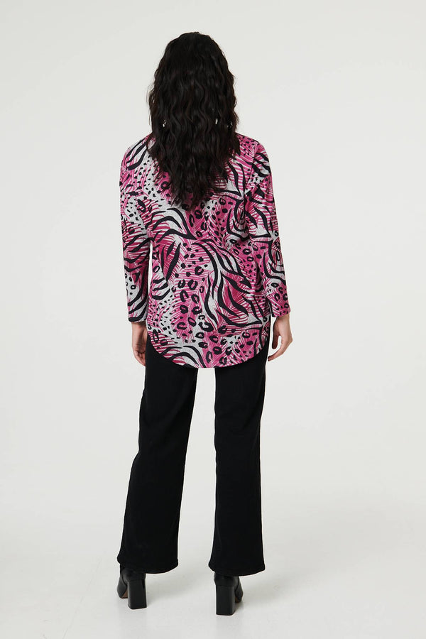 Pink | Animal Print Long Sleeve Curve Hem Top