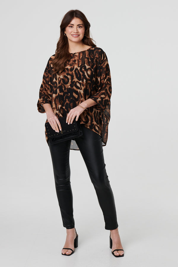 Brown | Animal Print 3/4 Sleeve Blouse Top