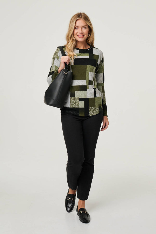 Green | Geo Print Long Sleeve Relaxed Top