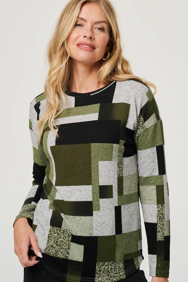 Green | Geo Print Long Sleeve Relaxed Top