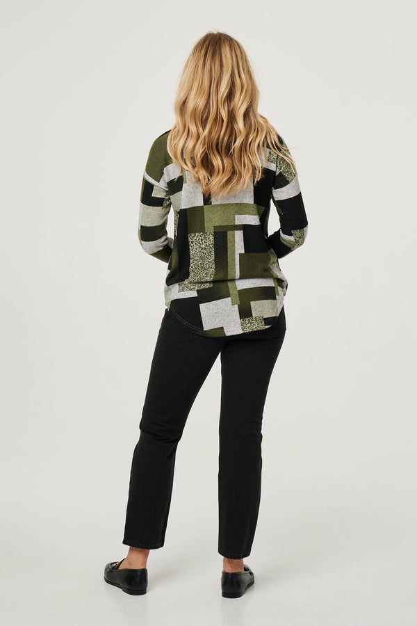 Green | Geo Print Long Sleeve Relaxed Top