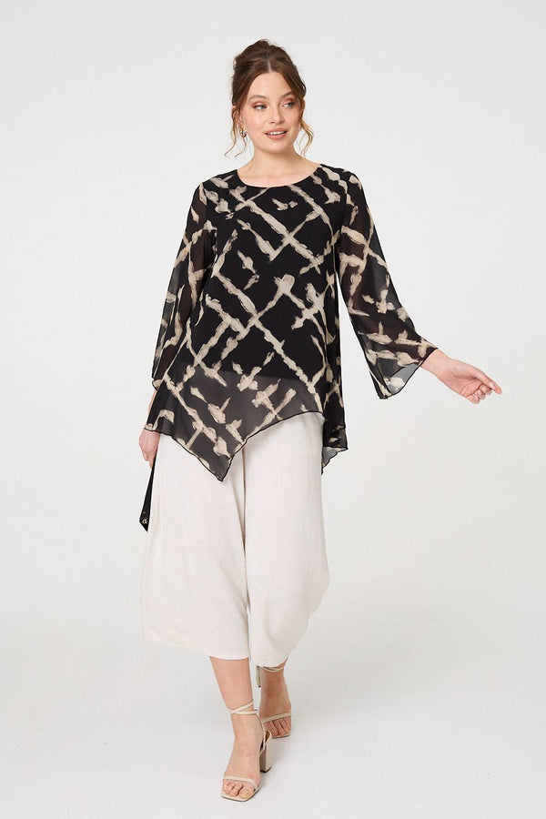 Black | Printed Asymmetric Semi Sheer Tunic Top
