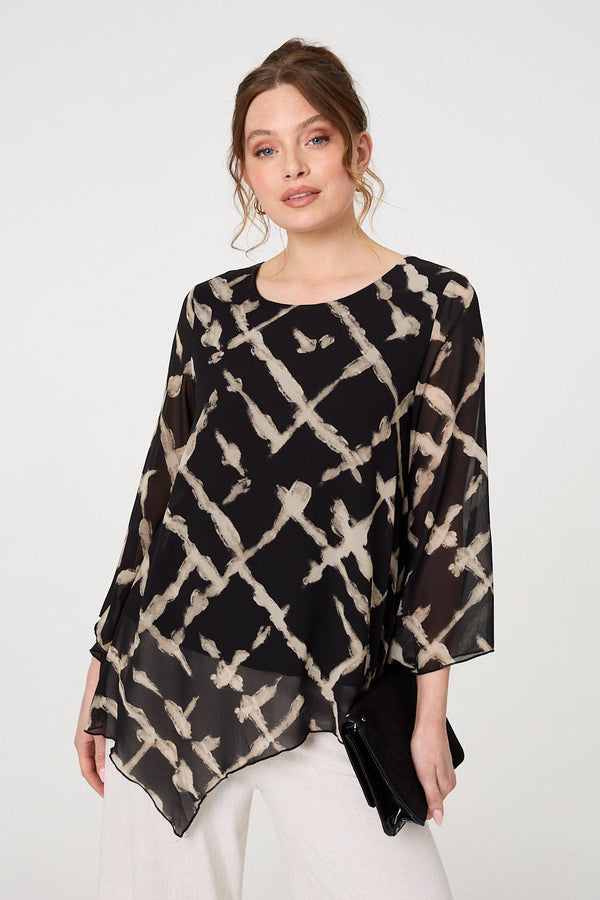Black | Printed Asymmetric Semi Sheer Tunic Top