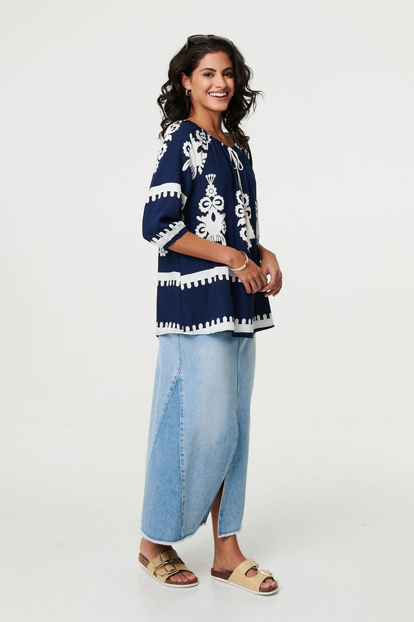 Navy | Ikat Print Tassel Tie Neck Blouse