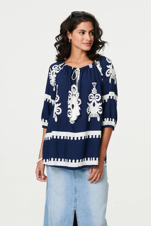 Navy | Ikat Print Tassel Tie Neck Blouse