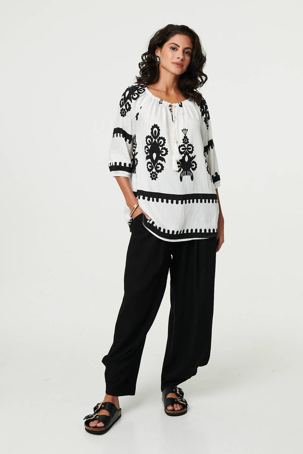 White | Ikat Print Tassel Tie Neck Blouse