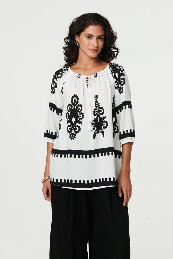 White | Ikat Print Tassel Tie Neck Blouse
