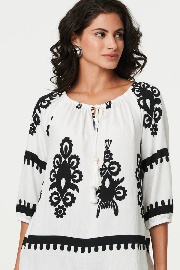 White | Ikat Print Tassel Tie Neck Blouse