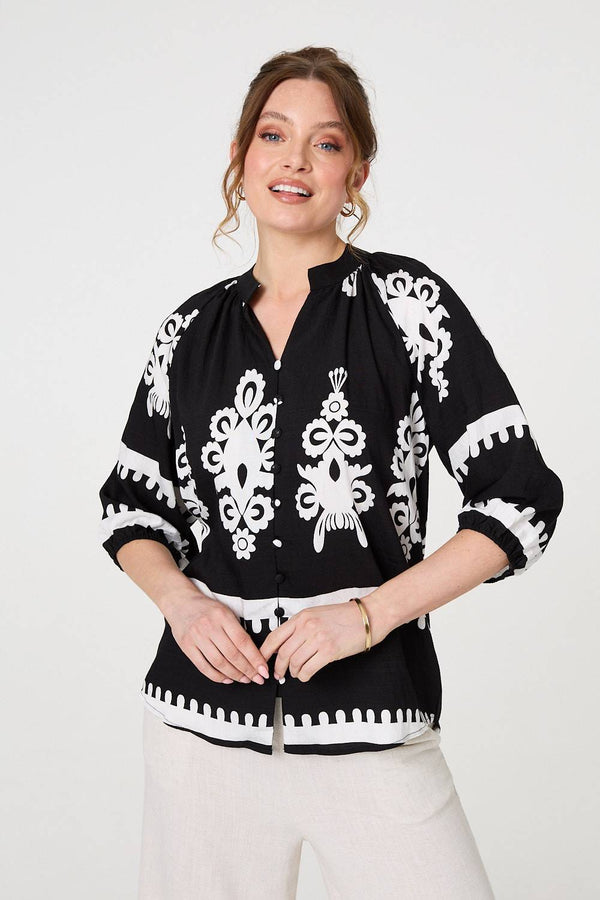 Black | Ikat Print 3/4 Sleeve Relaxed Blouse