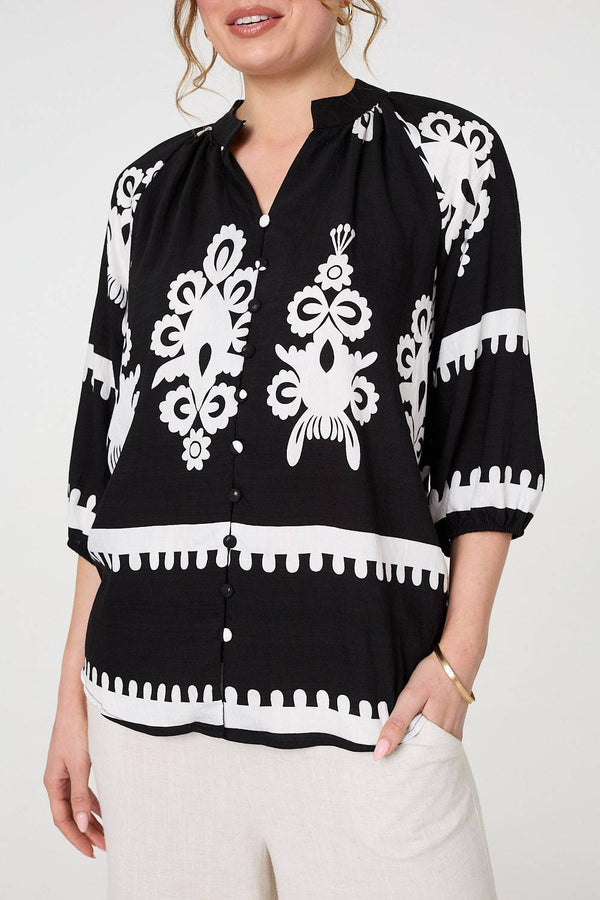 Black | Ikat Print 3/4 Sleeve Relaxed Blouse