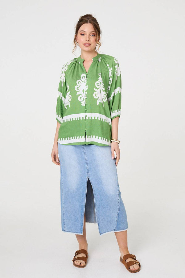 Green | Ikat Print 3/4 Sleeve Relaxed Blouse