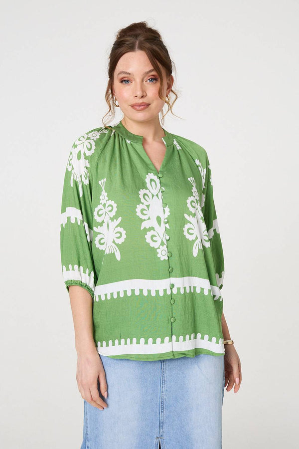 Green | Ikat Print 3/4 Sleeve Relaxed Blouse