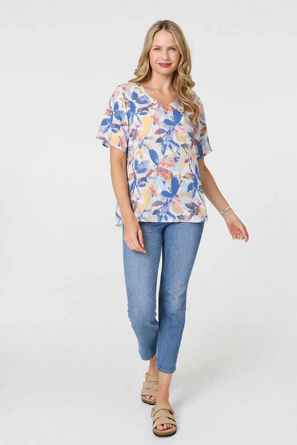 Blue | Leaf Print Relaxed Short Sleeve Blouse