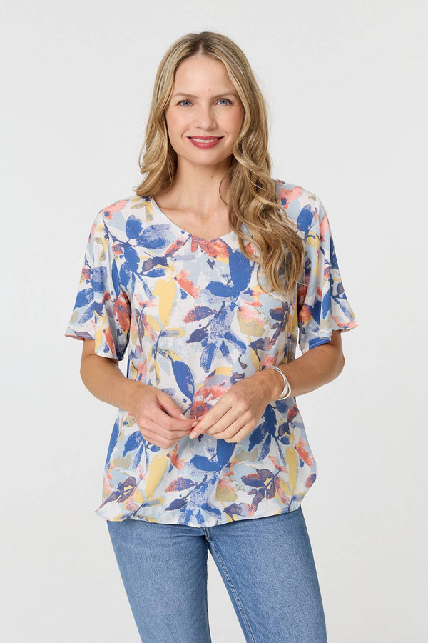 Blue | Leaf Print Relaxed Short Sleeve Blouse