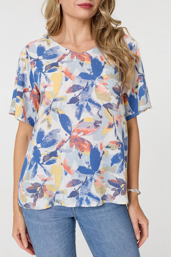 Blue | Leaf Print Relaxed Short Sleeve Blouse
