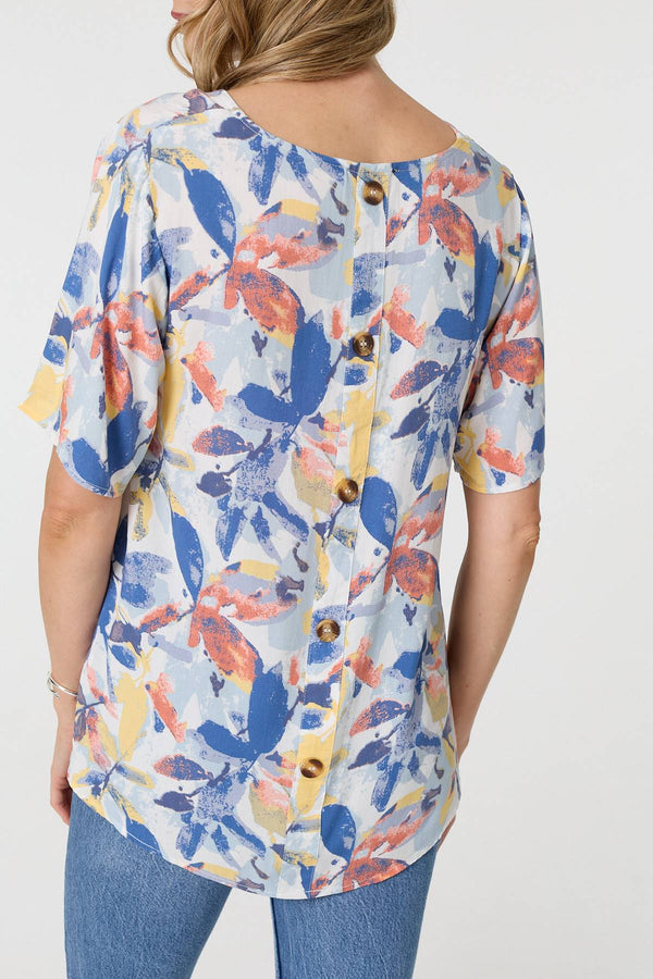 Blue | Leaf Print Relaxed Short Sleeve Blouse