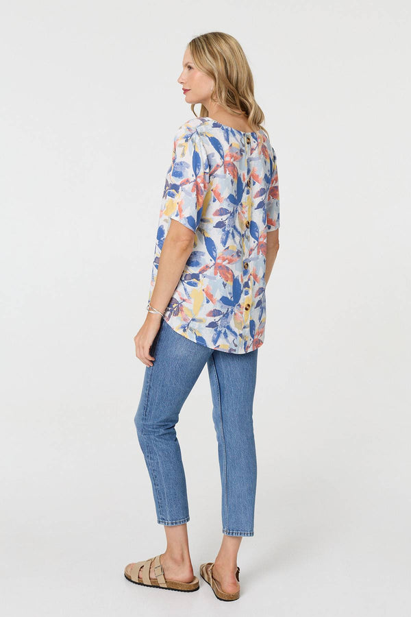 Blue | Leaf Print Relaxed Short Sleeve Blouse