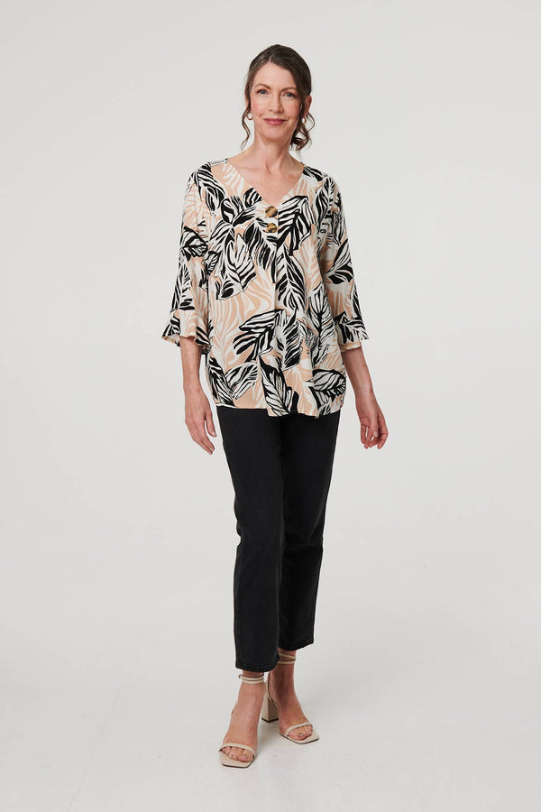 Beige | Leaf Print 3/4 Sleeve Button Trim Blouse