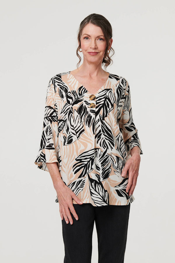 Beige | Leaf Print 3/4 Sleeve Button Trim Blouse