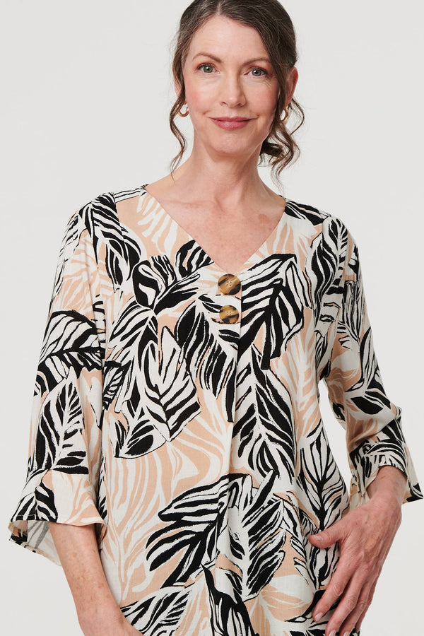 Beige | Leaf Print 3/4 Sleeve Button Trim Blouse