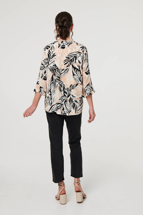Beige | Leaf Print 3/4 Sleeve Button Trim Blouse