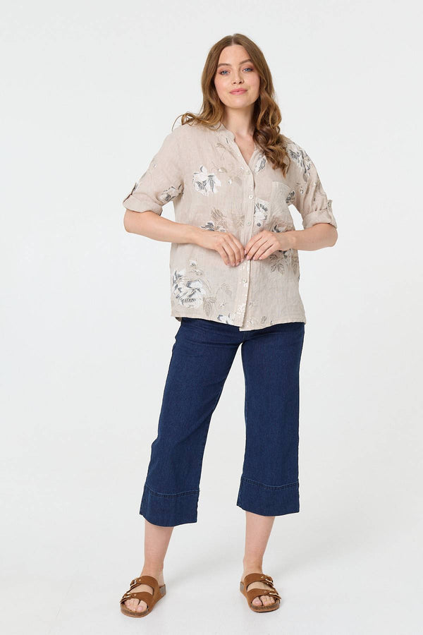 Beige | Floral 3/4 Turn-Up Sleeve Blouse