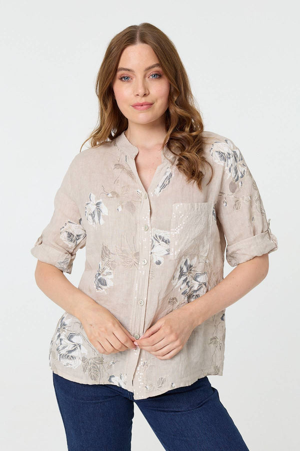 Beige | Floral 3/4 Turn-Up Sleeve Blouse
