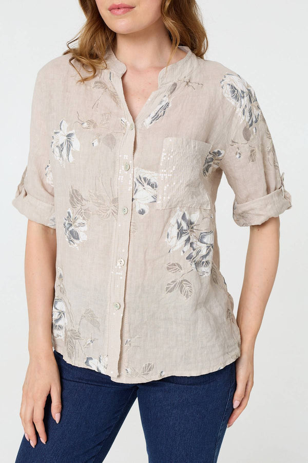 Beige | Floral 3/4 Turn-Up Sleeve Blouse