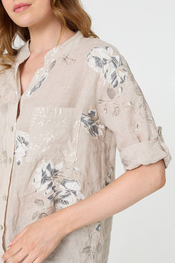 Beige | Floral 3/4 Turn-Up Sleeve Blouse