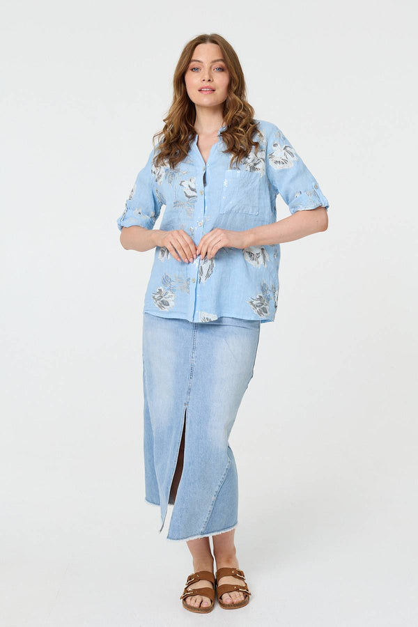 Light Blue | Floral 3/4 Turn-Up Sleeve Blouse