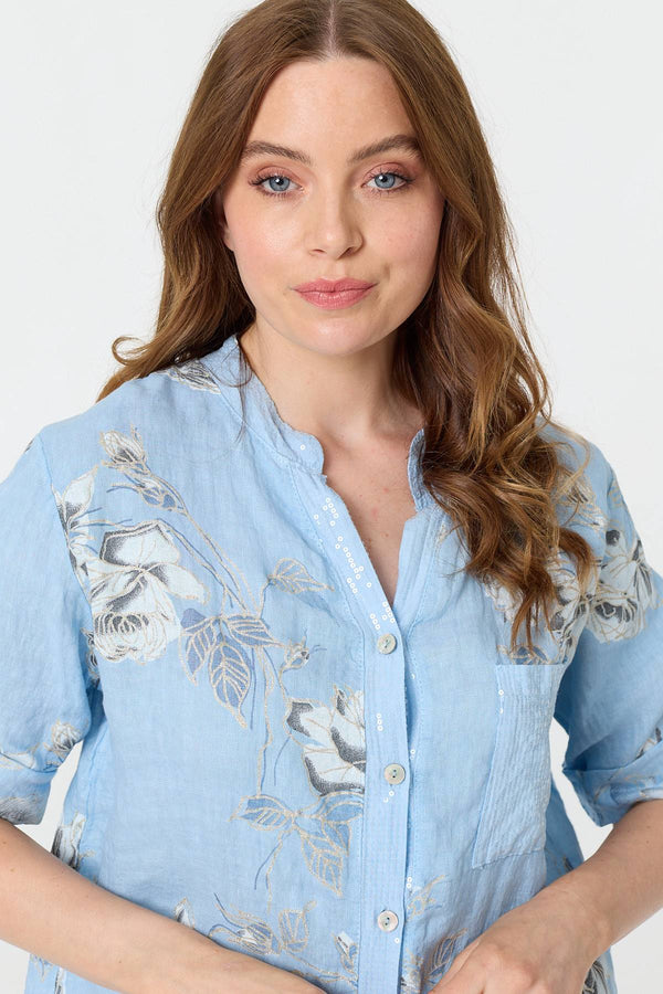 Light Blue | Floral 3/4 Turn-Up Sleeve Blouse